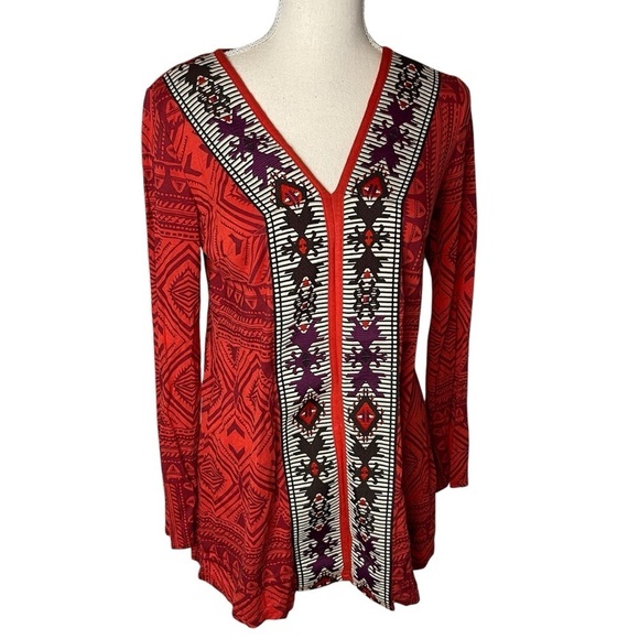 Soft Surroundings Kalahari Red Aztec Embroidered Long Sleeve Tunic Top  Sz‎ XS - Picture 1 of 5